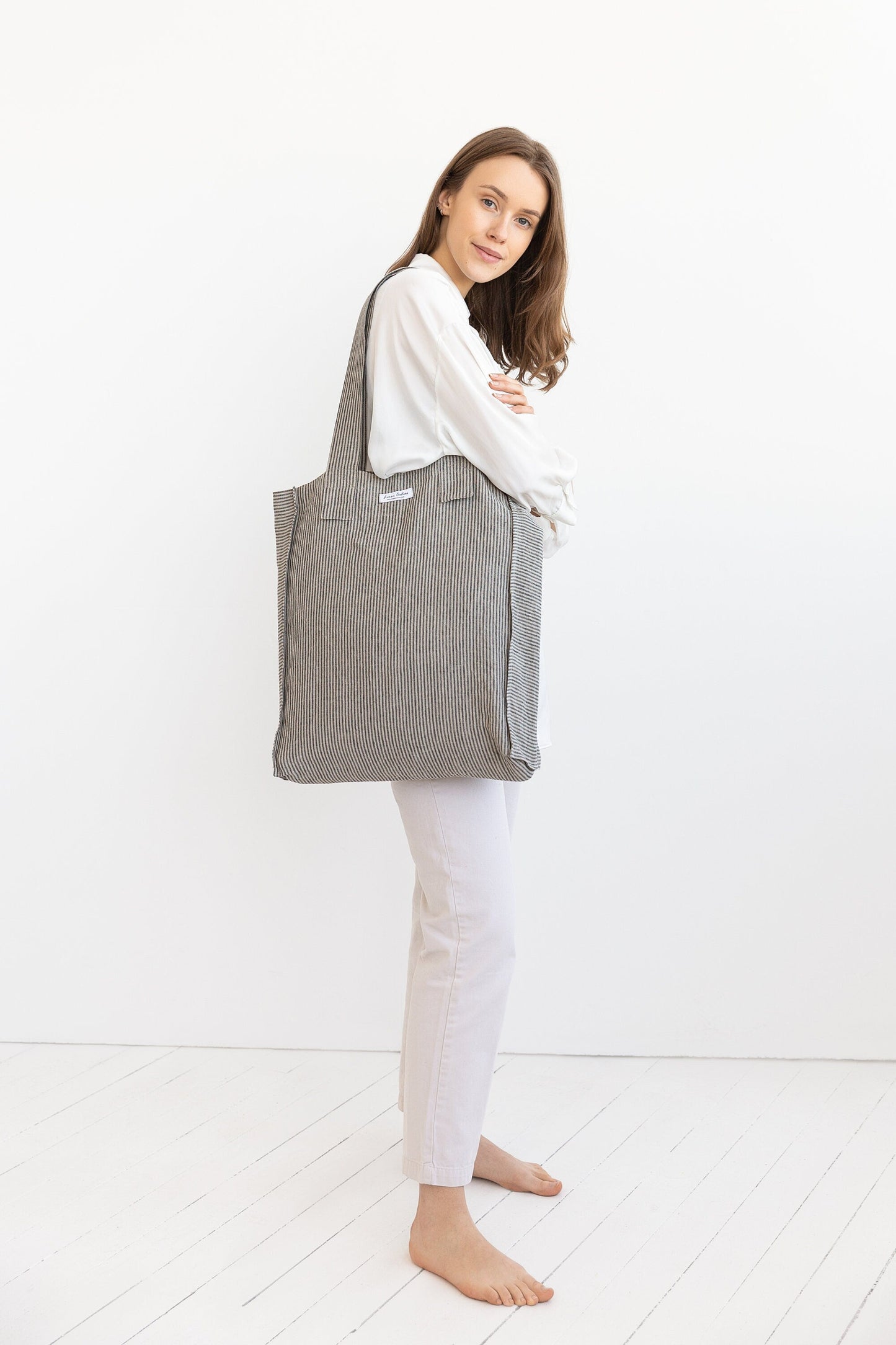 Striped Dark Grey linen weekender bag